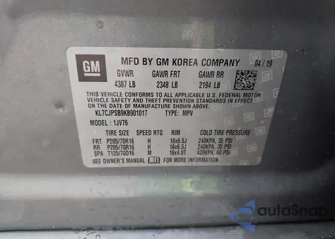 2019 Chevrolet Trax Lt из США, поврежденный, VIN KL7CJPSB9KB901017